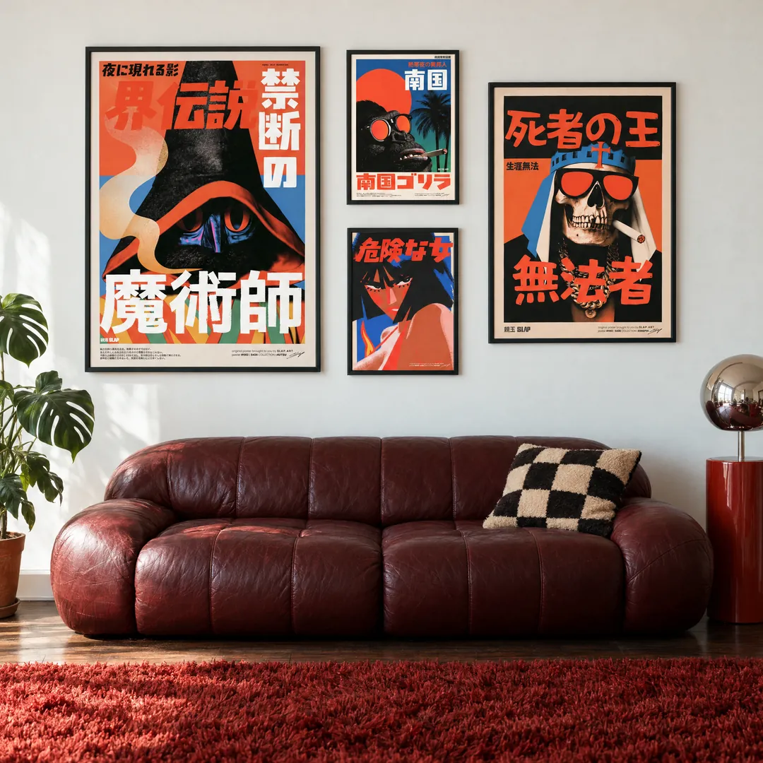 B-Movie Cluster: HIJUTSU, YAKŌ, MASHŌ, KINGPIN on a wall