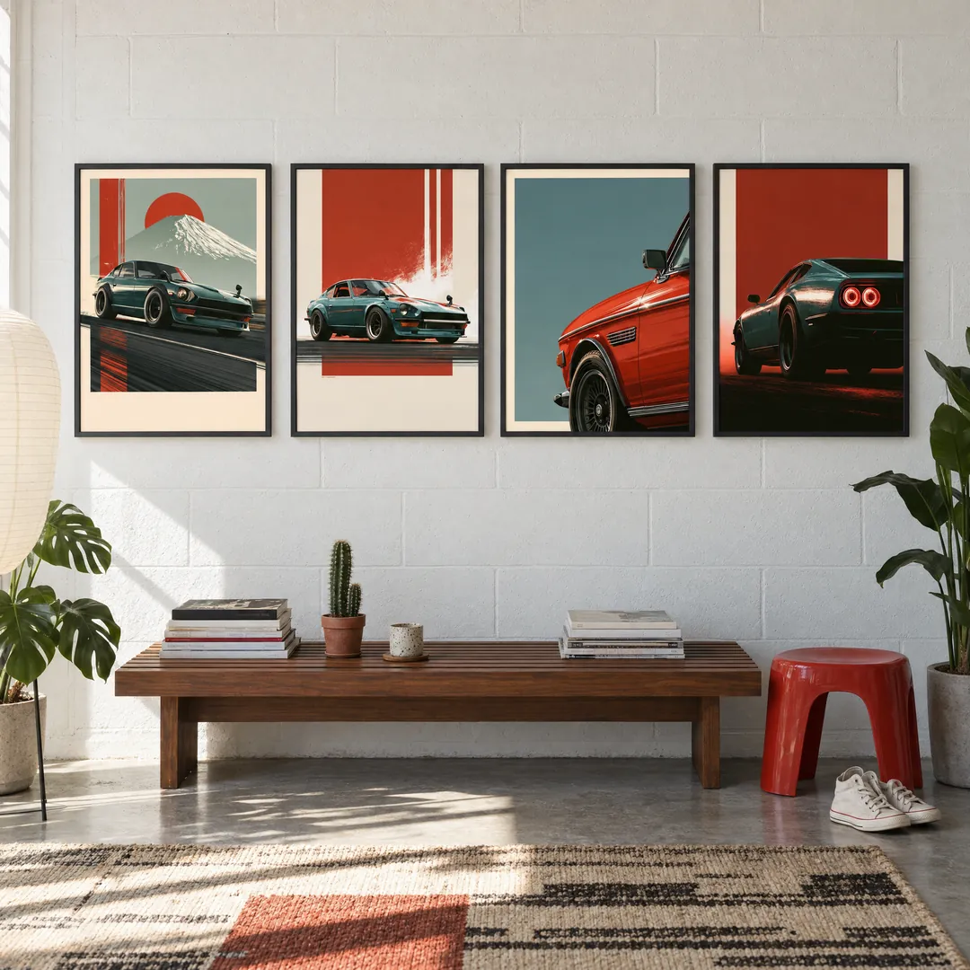 Classic Cars, Four: FUJI, HERITAGE, CHROME, AFTERGLOW on a wall