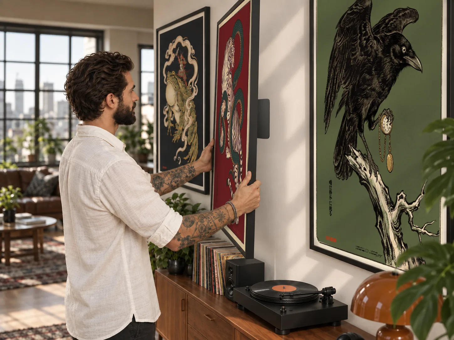 A person lifting a black-framed print onto the mount already stuck on the living-room wall, beside two more framed prints