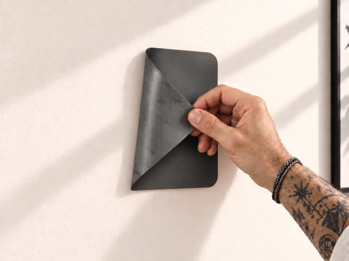 A hand peeling the black mount off the wall, one corner curled back, the plaster clean underneath