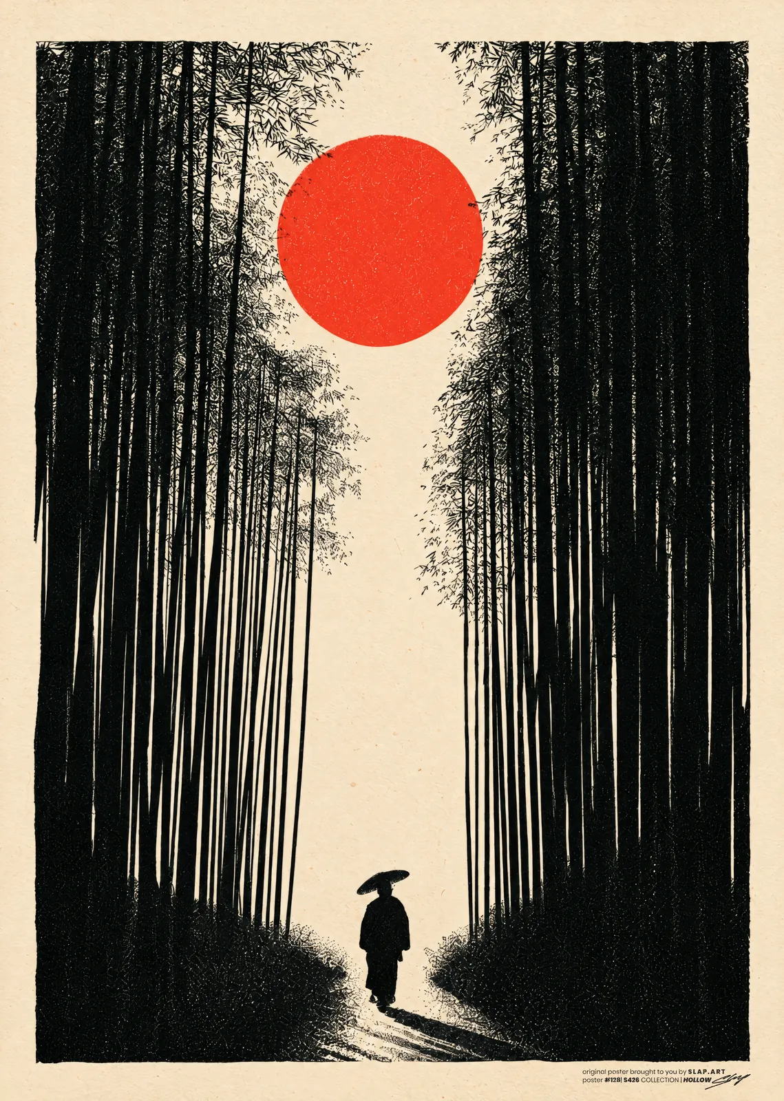 HOLLOW: Japanese ink print of a figure in a straw hat walking through a black bamboo forest towards a red sun