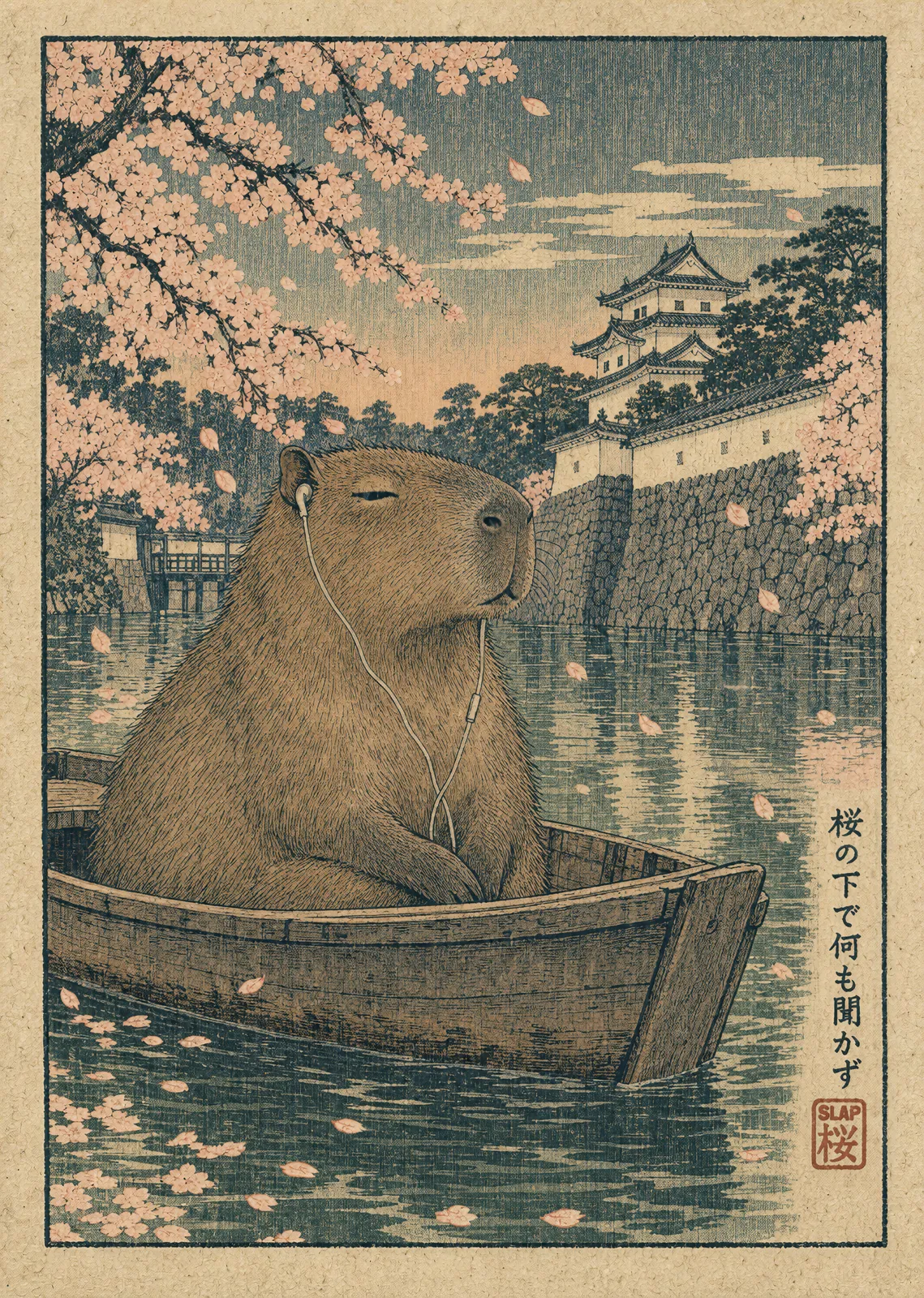SAKURA: Ukiyo-e style woodblock print of a capybara with earphones in a boat below a castle and cherry blossoms