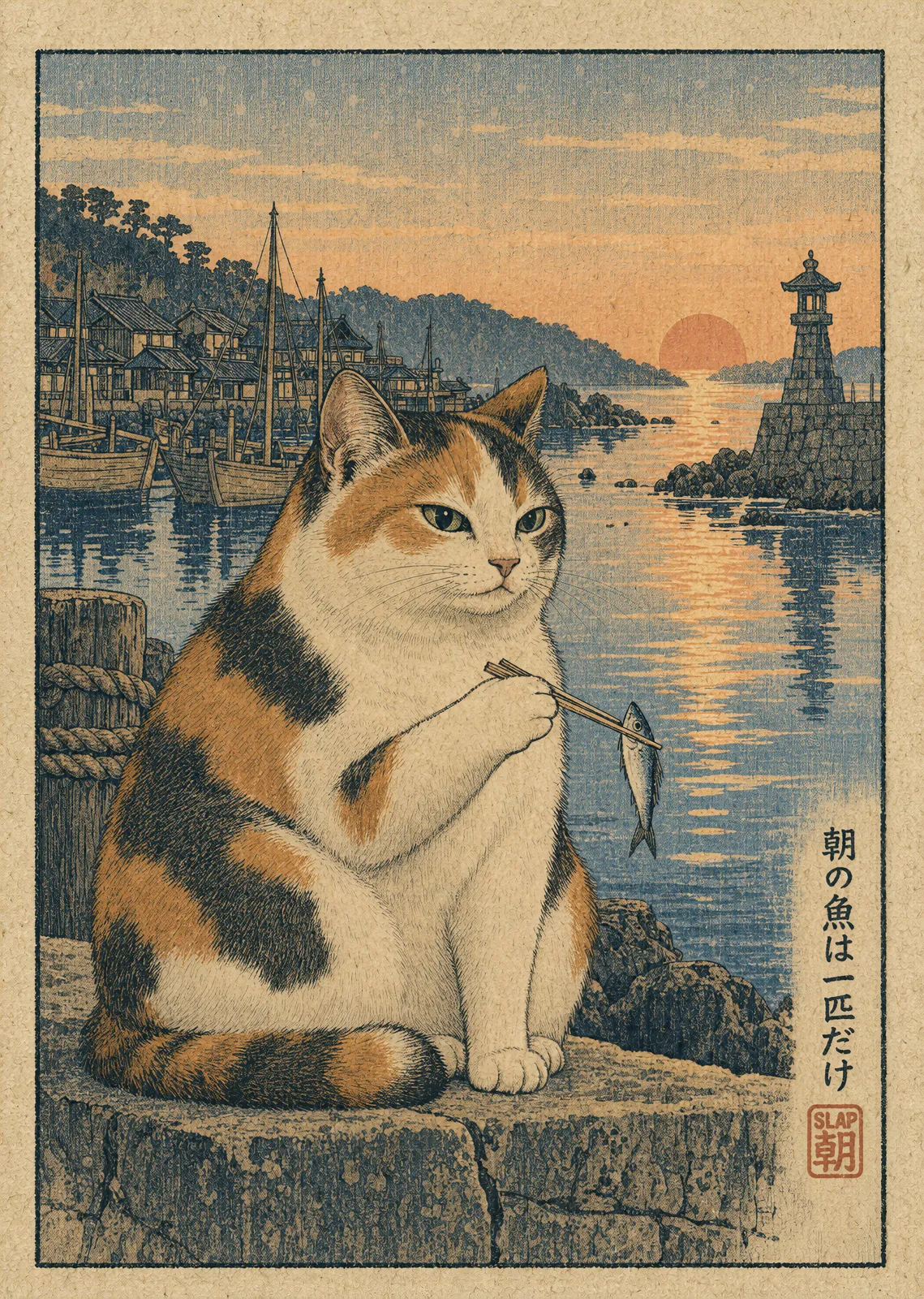 HARBOR: Ukiyo-e style woodblock print of a calico cat on a harbour pier holding a fish with chopsticks at sunset