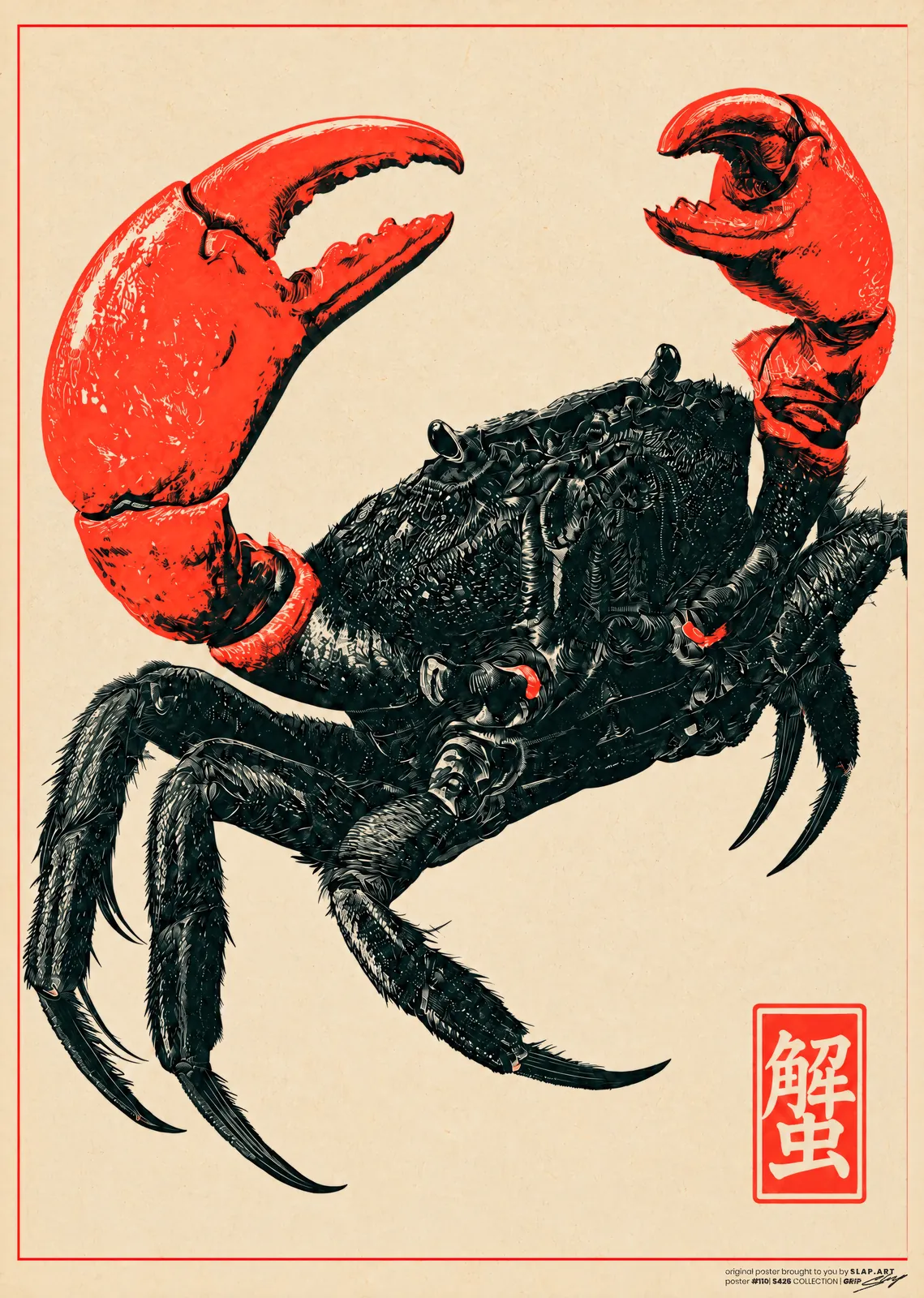 GRIP: Japanese-style print of a black crab raising big red claws on cream paper inside a thin red line