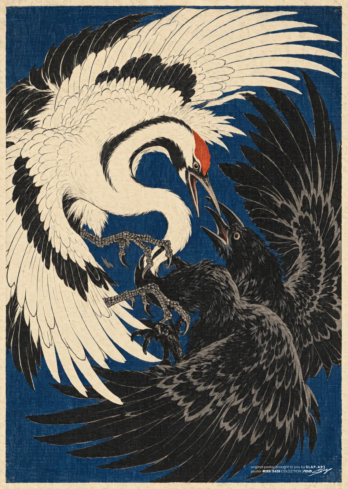 FEUD: Ukiyo-e style woodblock print of a white red-crowned crane fighting a black crow on deep indigo