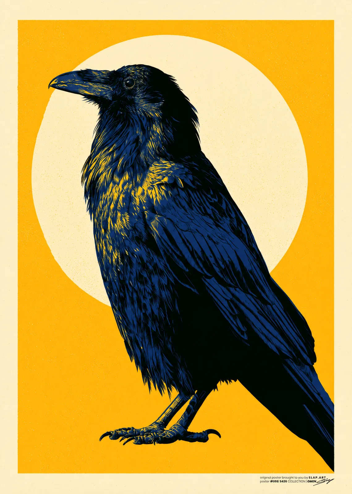 OMEN: Graphic print of a blue-black crow standing in profile before a pale sun disc on a bright yellow ground