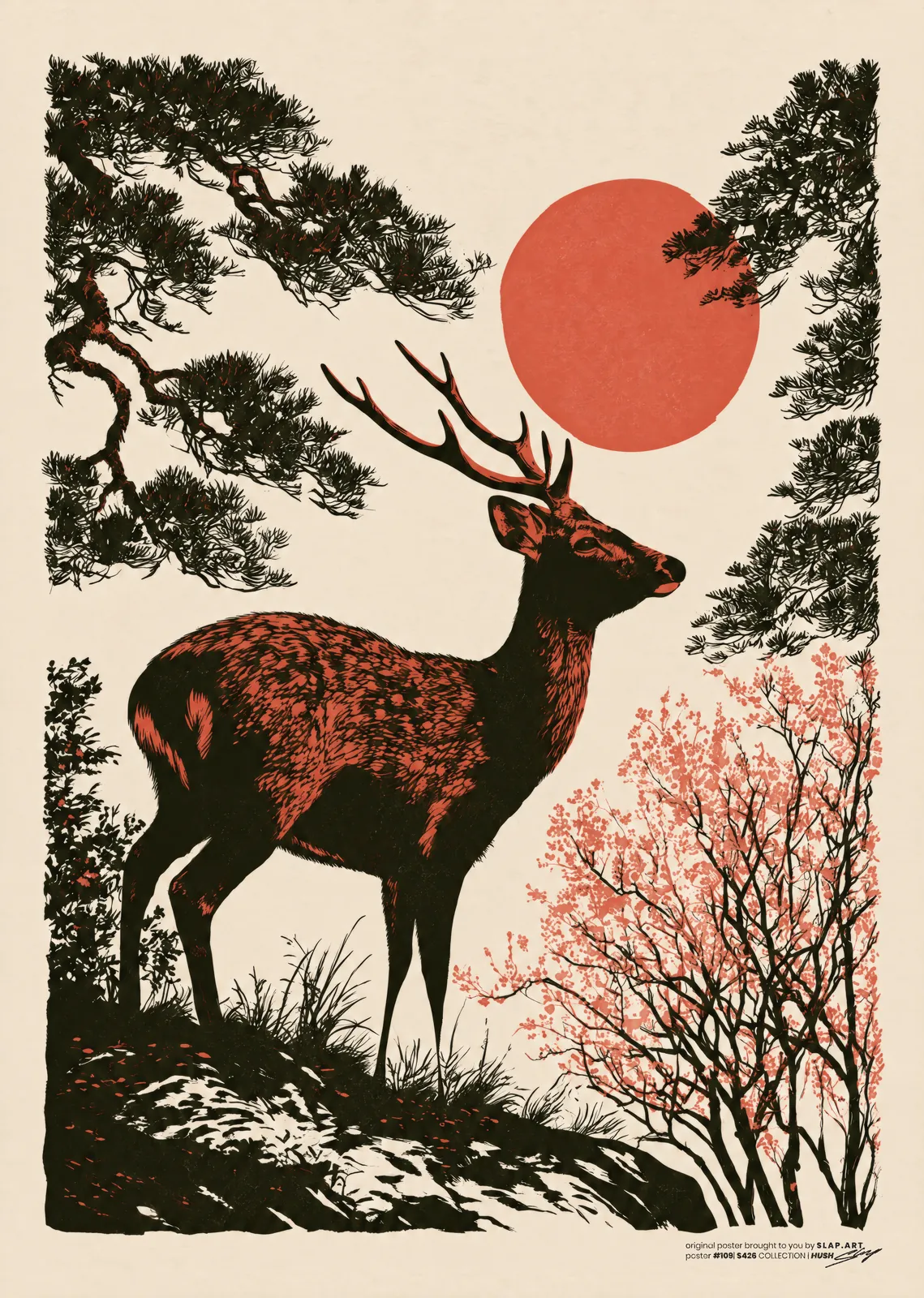 HUSH: Japanese-style ink print of a stag among black pines and pink blossom under a coral sun