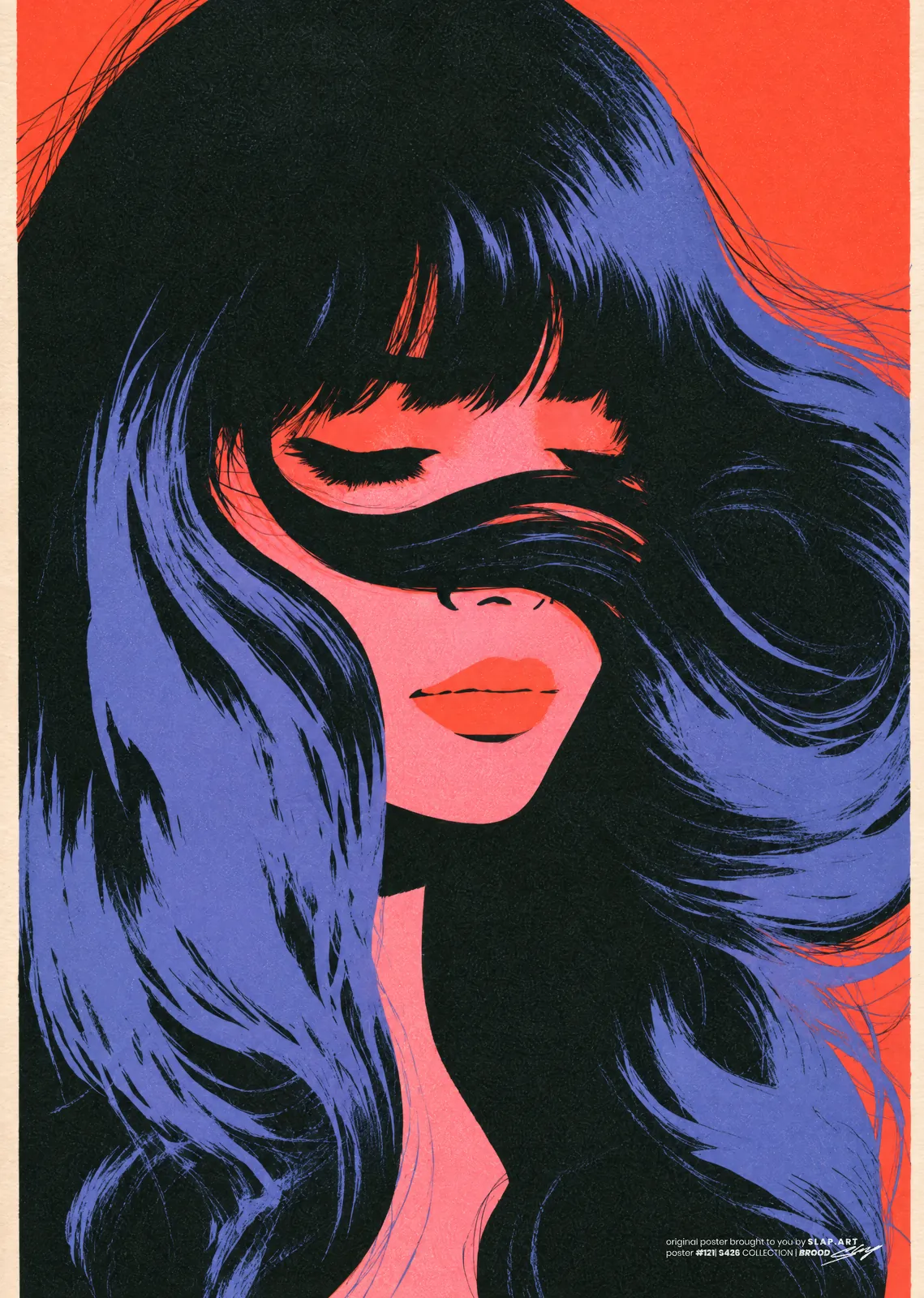 BROOD: Flat illustration of a woman with blue-black hair blowing across her closed eyes on a red ground