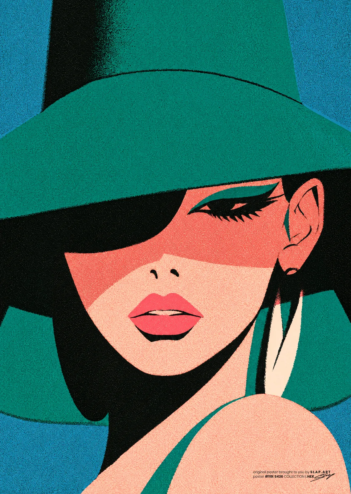 HEX: Flat illustration of a woman whose eyes are shaded by a wide green hat, on a blue ground