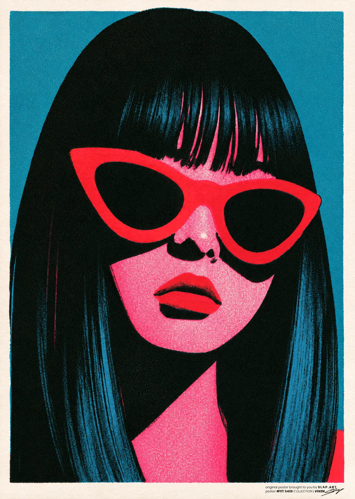 VIXEN: Flat illustration of a woman with a black bob and red cat-eye sunglasses on a blue ground