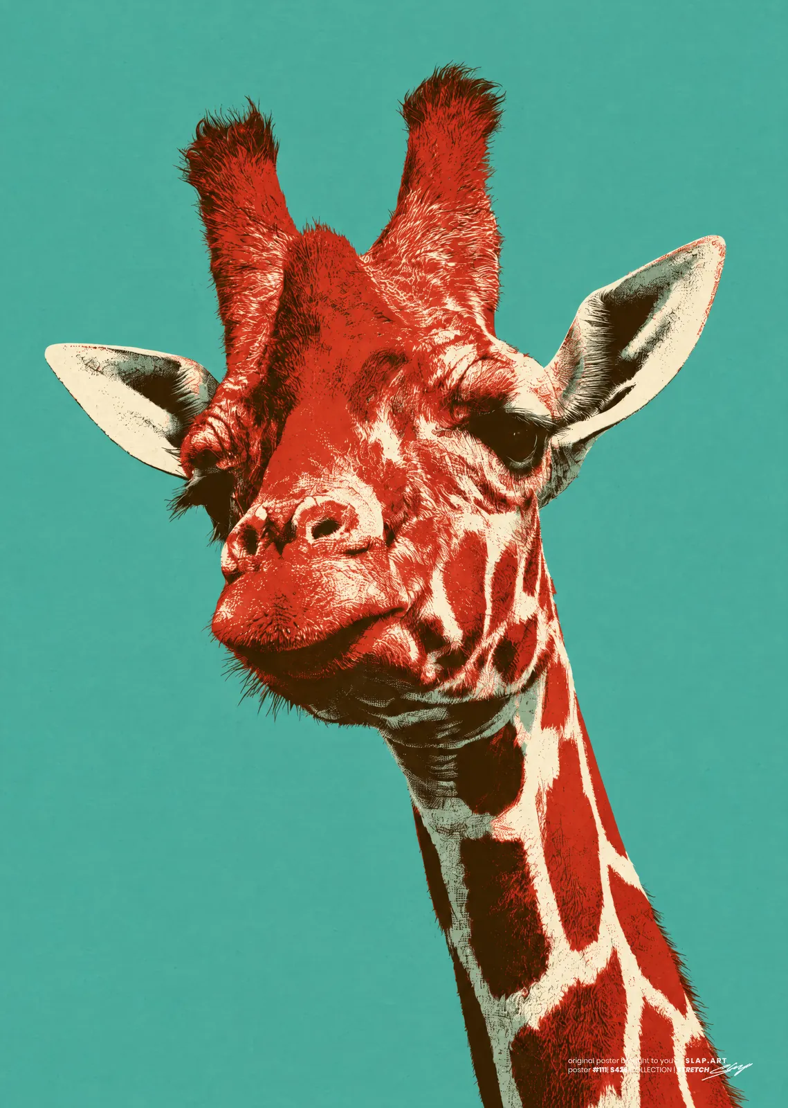 STRETCH: Pop art print of a red and cream giraffe's head and neck on a flat teal ground