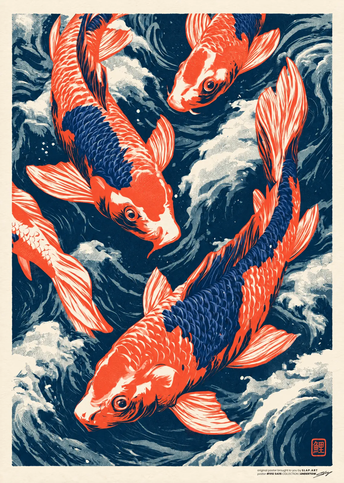 UNDERTOW: Japanese-style print of three orange and navy koi swimming through curling navy and white waves