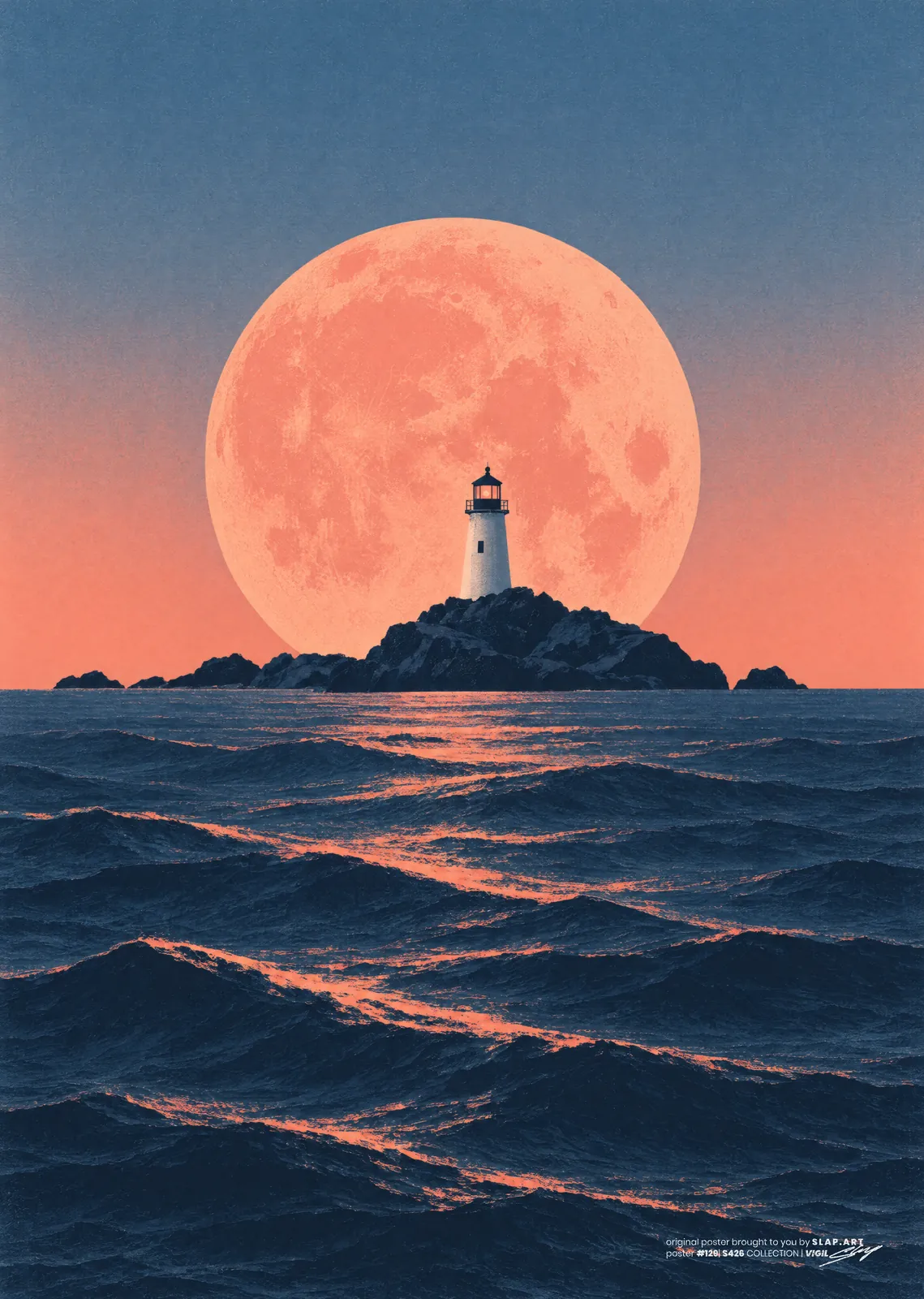 VIGIL: Print of a white lighthouse on a dark islet under a huge pink moon over a navy sea