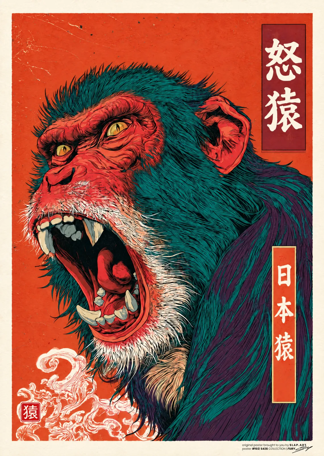 FURY: Japanese-style print of a red-faced macaque baring its teeth on a red-orange ground with kanji panels