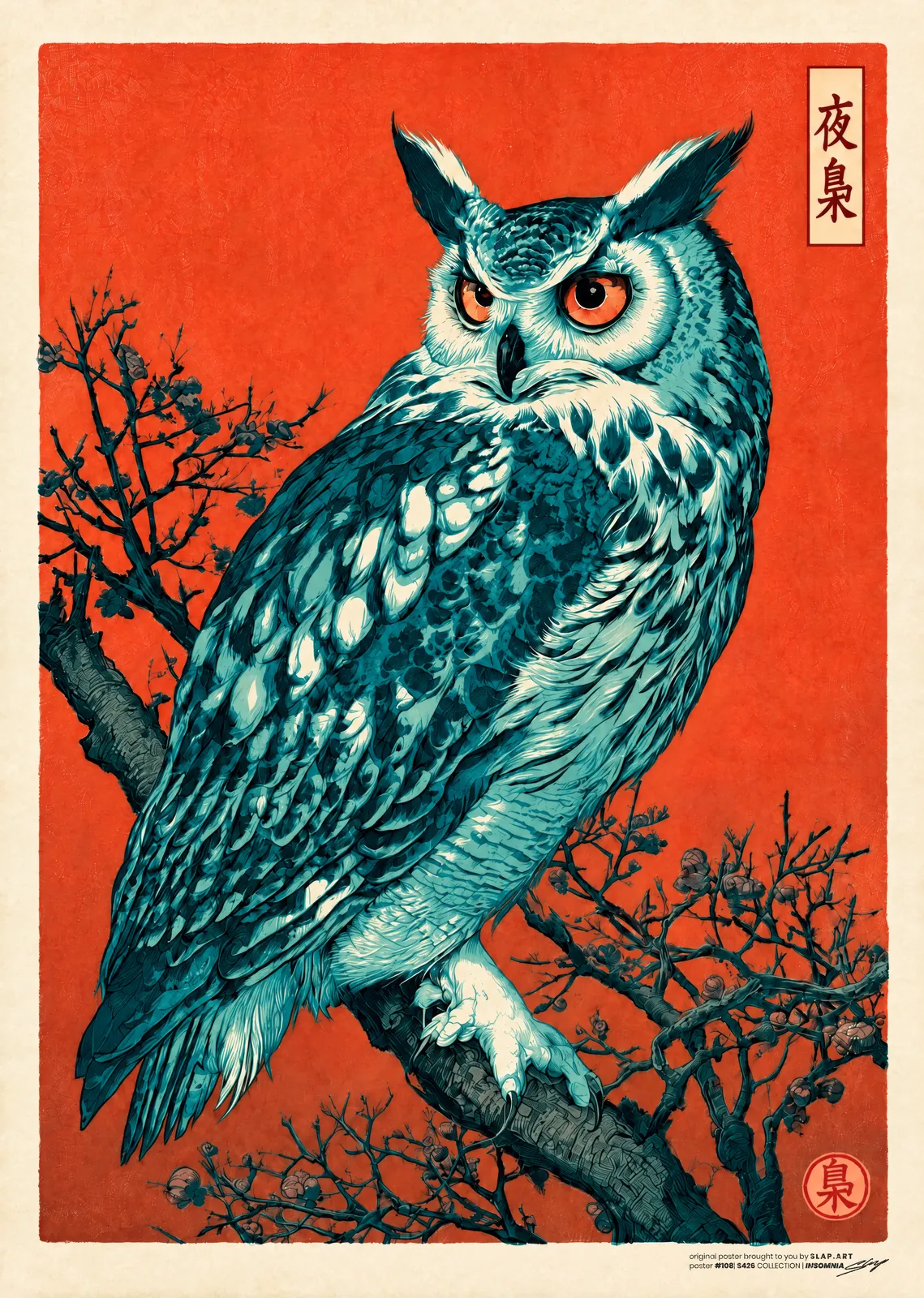 SLEEPLESS: Japanese-style print of a teal horned owl with orange eyes on bare branches against a red-orange sky
