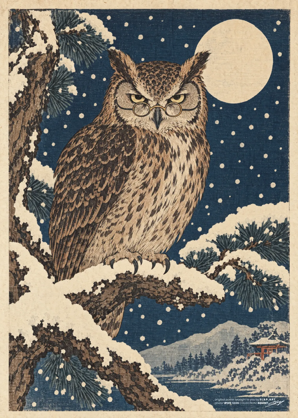 SQUINT: Ukiyo-e style woodblock print of a brown horned owl in a snowy pine under a full moon