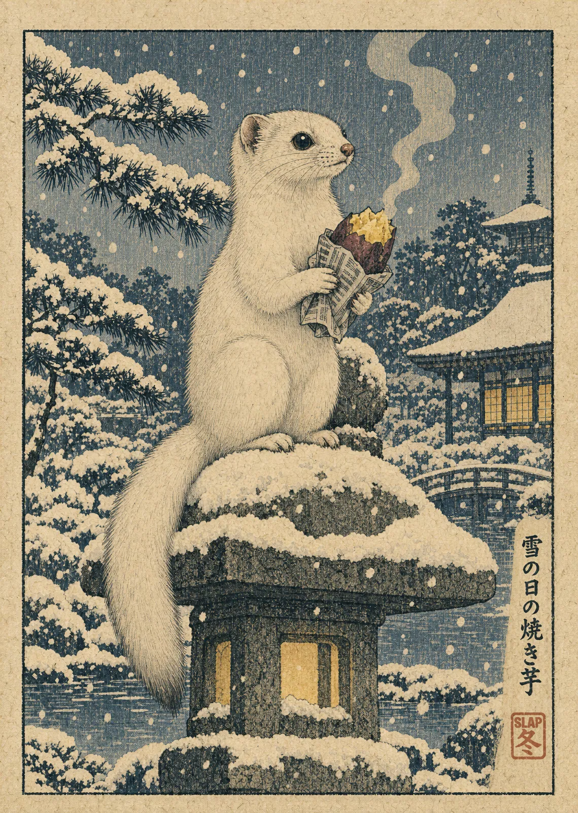 SNOWFALL: Ukiyo-e style woodblock print of a white stoat on a snowy stone lantern holding a roasted sweet potato