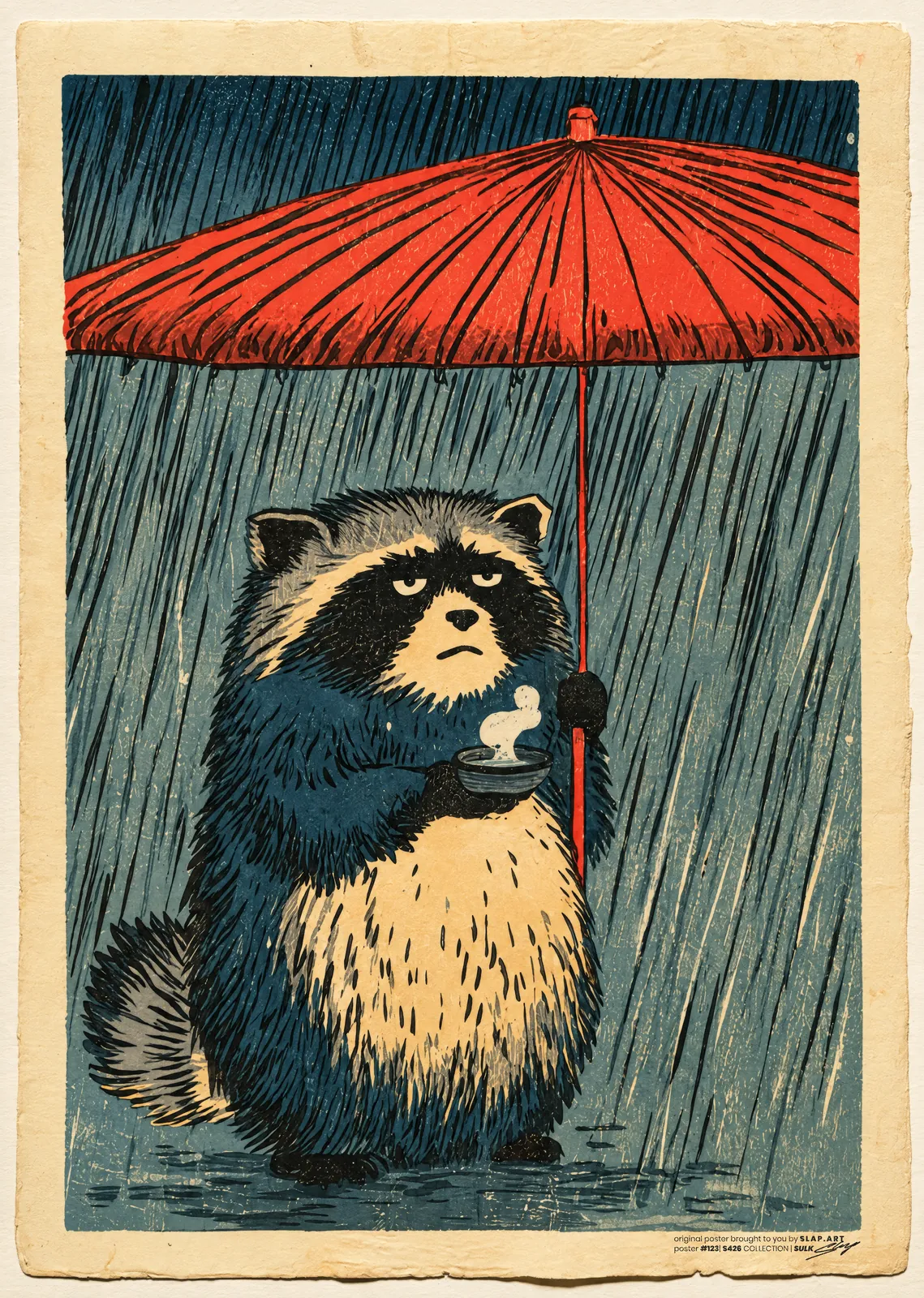 SULK: Ukiyo-e style woodblock print of a grumpy tanuki holding a cup under a red umbrella in heavy rain