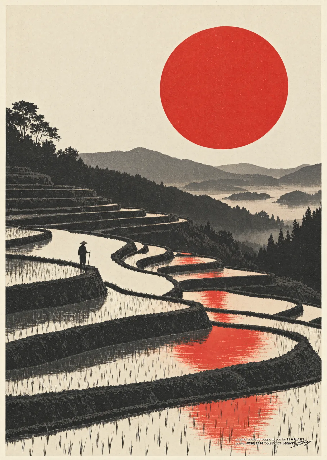 GLINT: Japanese ink print of rice terraces in a valley with a red sun reflected in the water