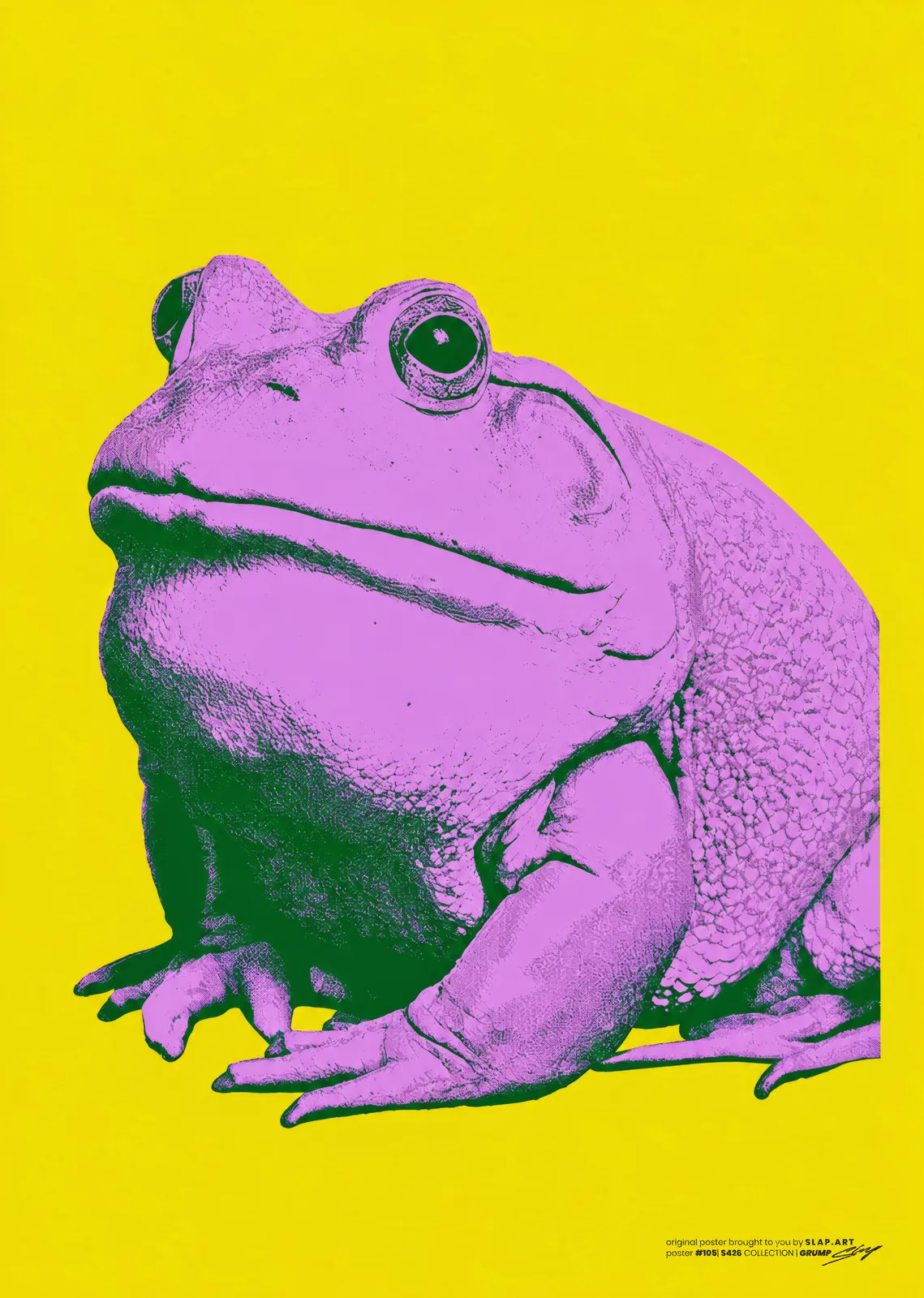 GRUMP: Pop art print of a fat lilac-pink toad sitting on a flat bright yellow ground