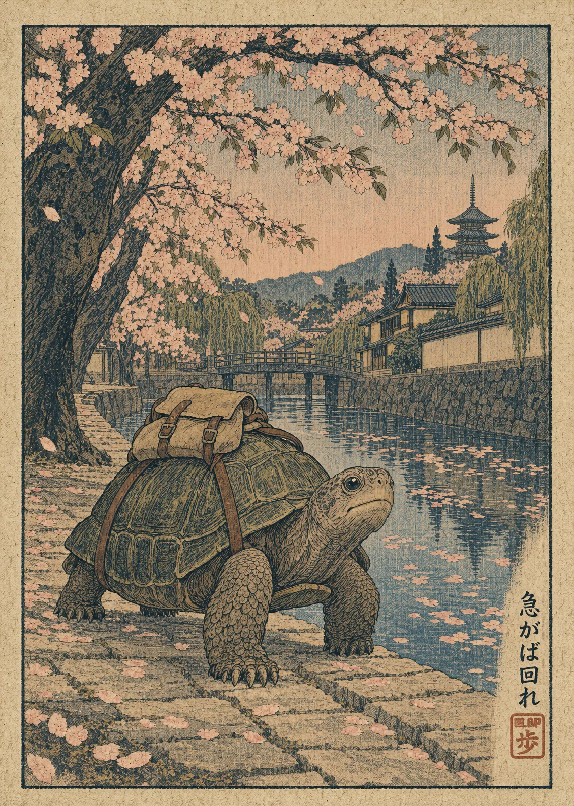PILGRIM: Ukiyo-e style woodblock print of a tortoise with a backpack walking a canal path under cherry blossoms